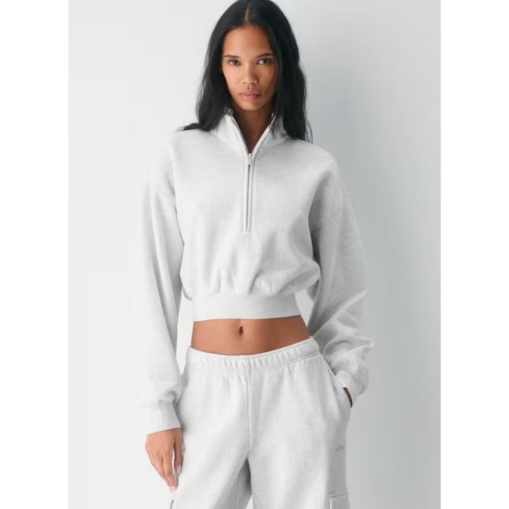 Aritzia Cozy Sweatfleece Boyfriend Crop Sweatshirt Quarter Zip 128458 Grey XS